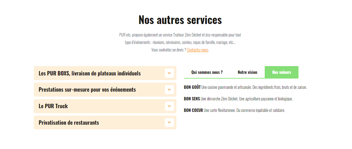 Capture d'écran d'une partie du site de PUR'Cantine illustrant les services connexes